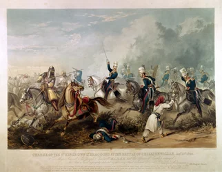 1849年1月13日、チリアンワラの戦いでの王自身の軽い竜騎兵の突撃、J。ハリスによる彫刻、1849年（着色されたアクアチント）